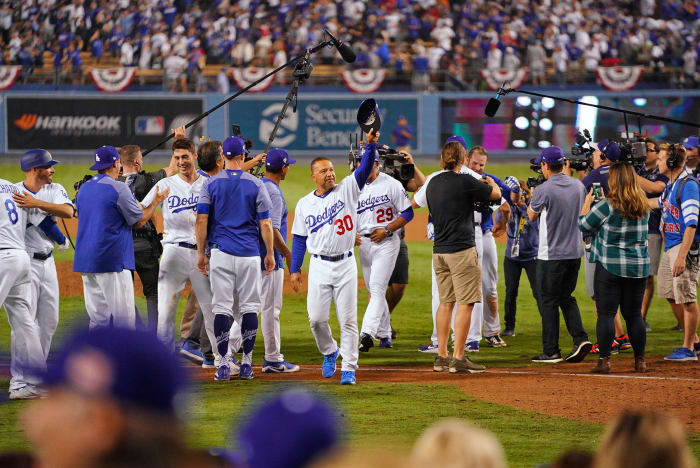 The Los Angeles Dodgers celebrating winning Game 3 of the 2018 World Series